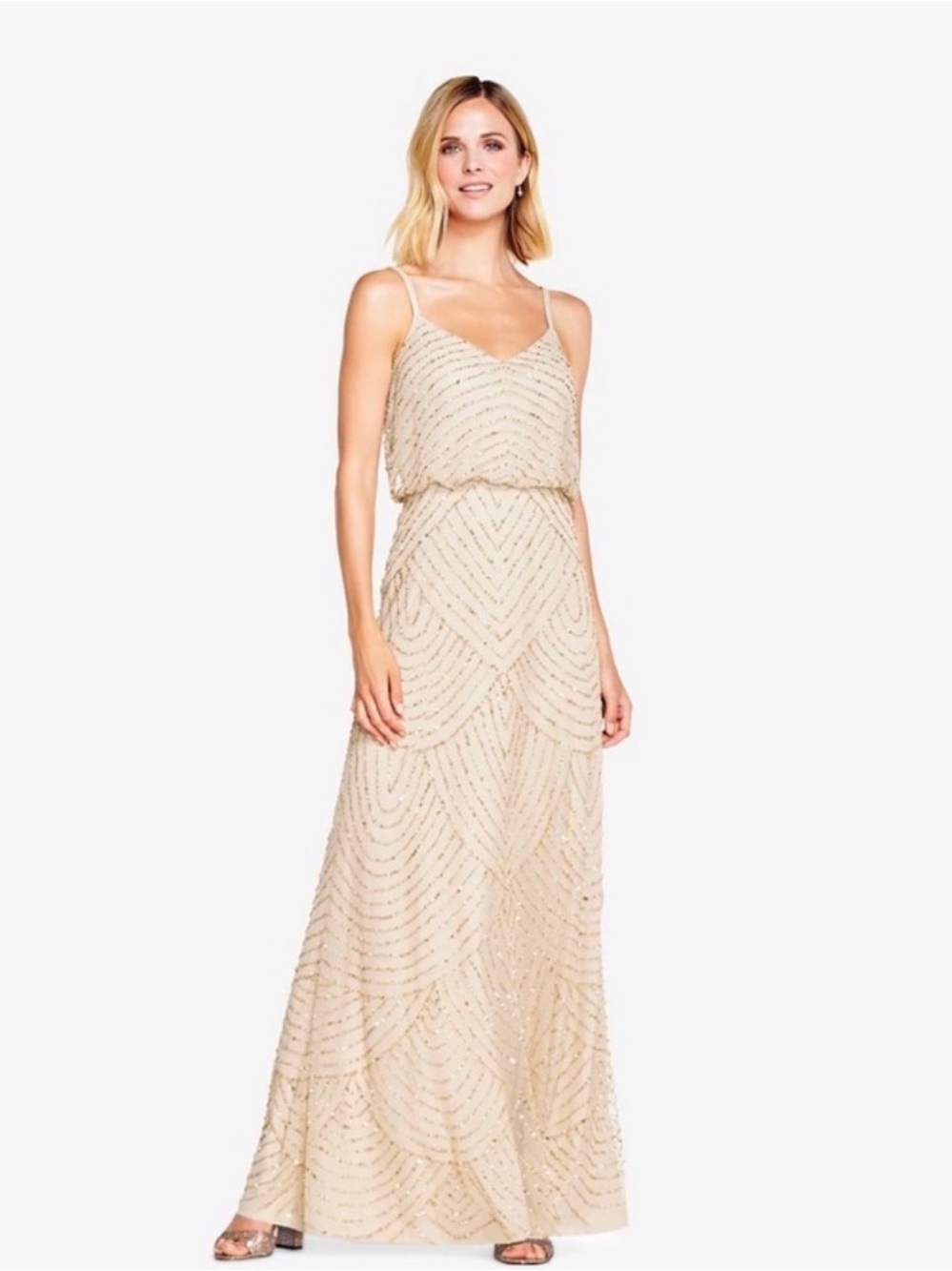 Adrianna Papell Art Deco Champagne Beaded Maxi Gown